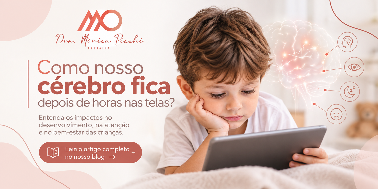 Criança usando tablet e os efeitos do excesso de telas no cérebro infantil