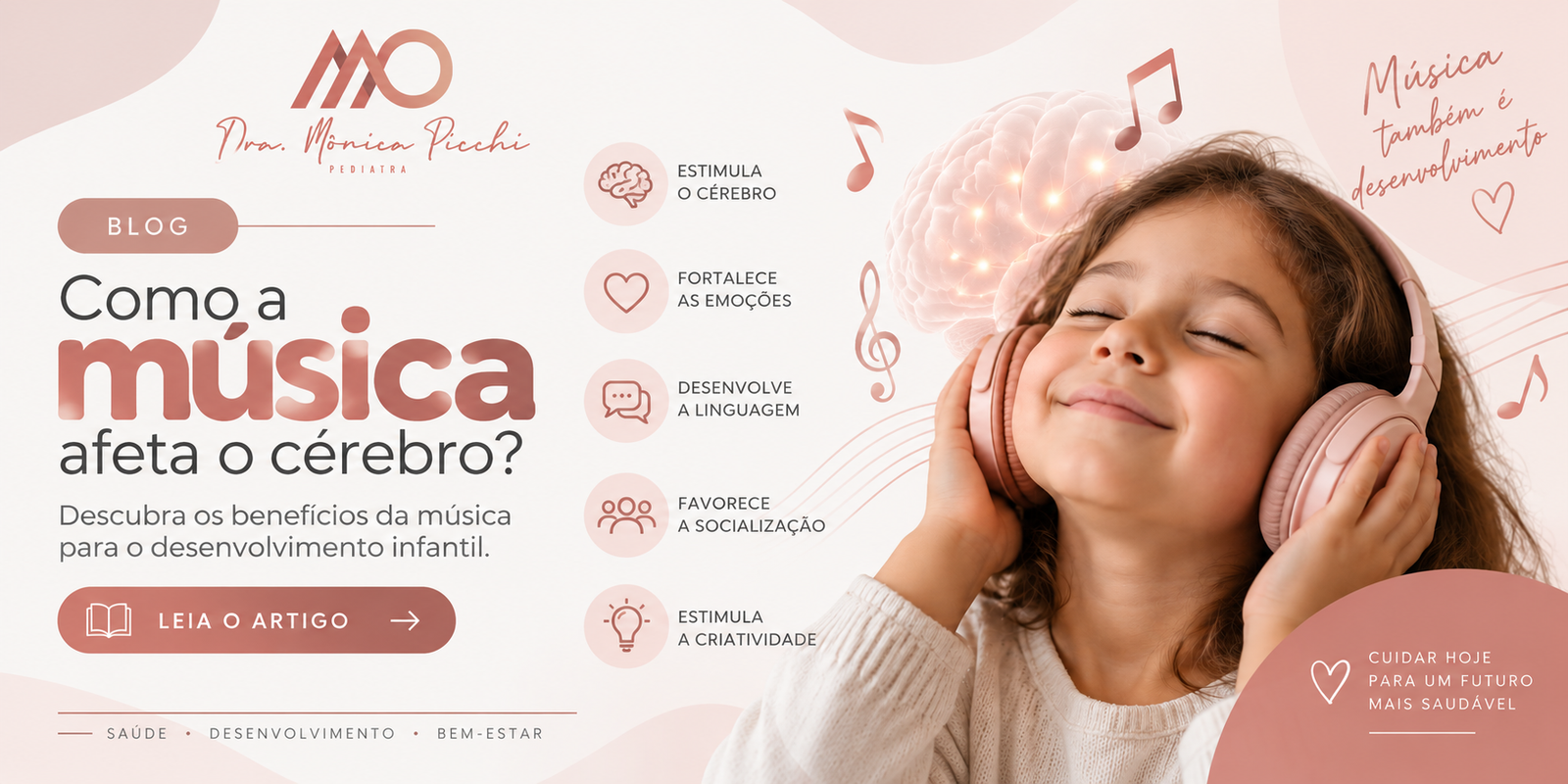 Banner do blog da Dra. Mônica Picchi sobre como a música afeta o cérebro e contribui para o desenvolvimento infantil.